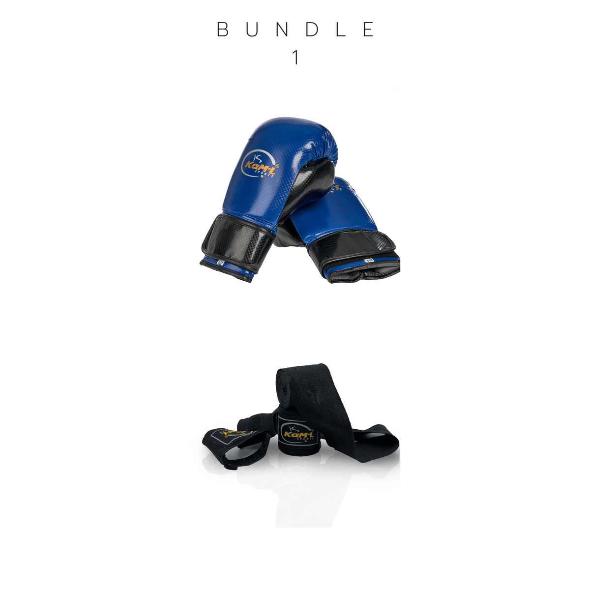 Frontansicht eines Sets mit blauen Kinder-Boxhandschuhen und schwarzen Bandagen, ideal für junges Boxtraining.