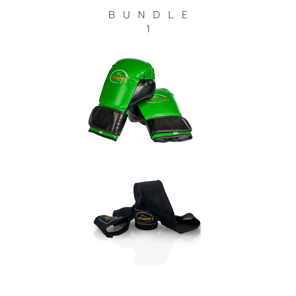Frontansicht eines Sets mit grünen Kinder-Boxhandschuhen und schwarzen Bandagen, ideal für junges Boxtraining.