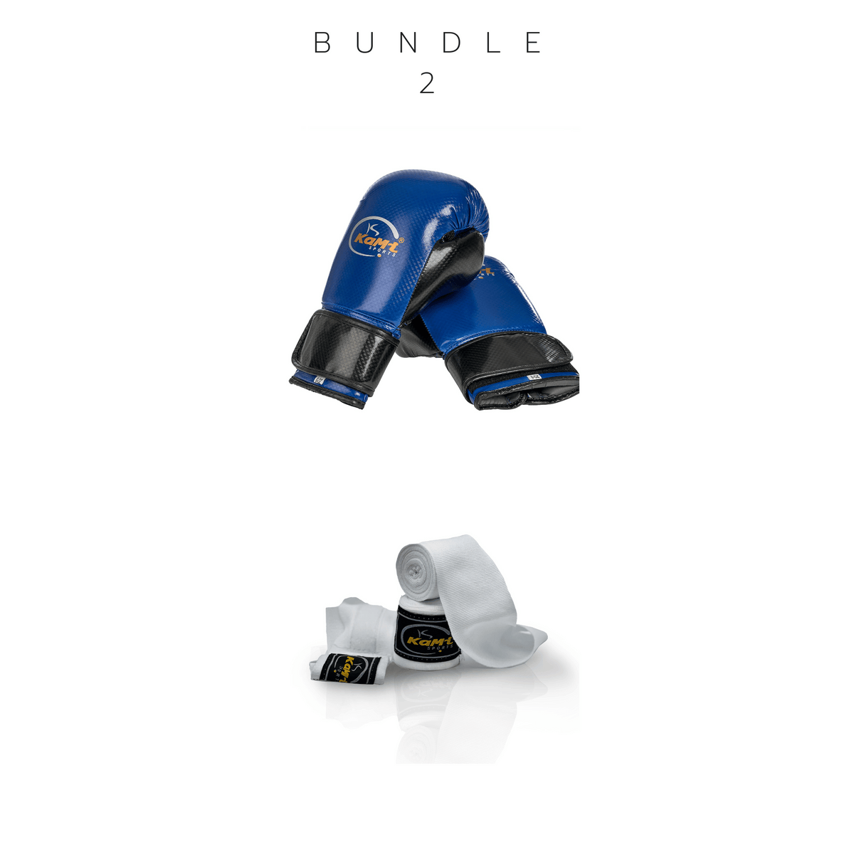 Frontansicht eines Sets mit blauen Kinder-Boxhandschuhen und weißen Bandagen, ideal für junges Boxtraining.