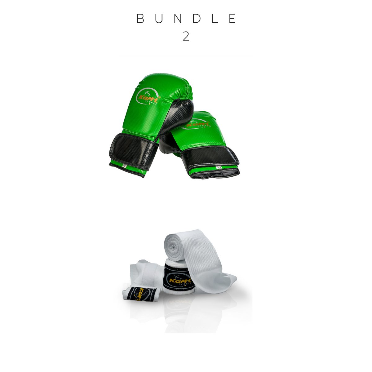 Frontansicht eines Sets mit grünen Kinder-Boxhandschuhen und weißen Bandagen, ideal für junges Boxtraining.