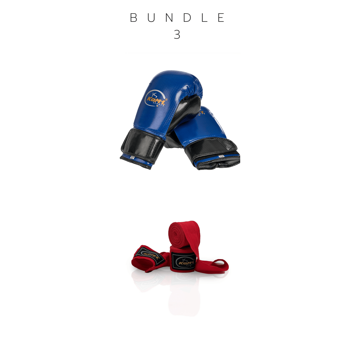 Frontansicht eines Sets mit blauen Kinder-Boxhandschuhen und roten Bandagen, ideal für junges Boxtraining.