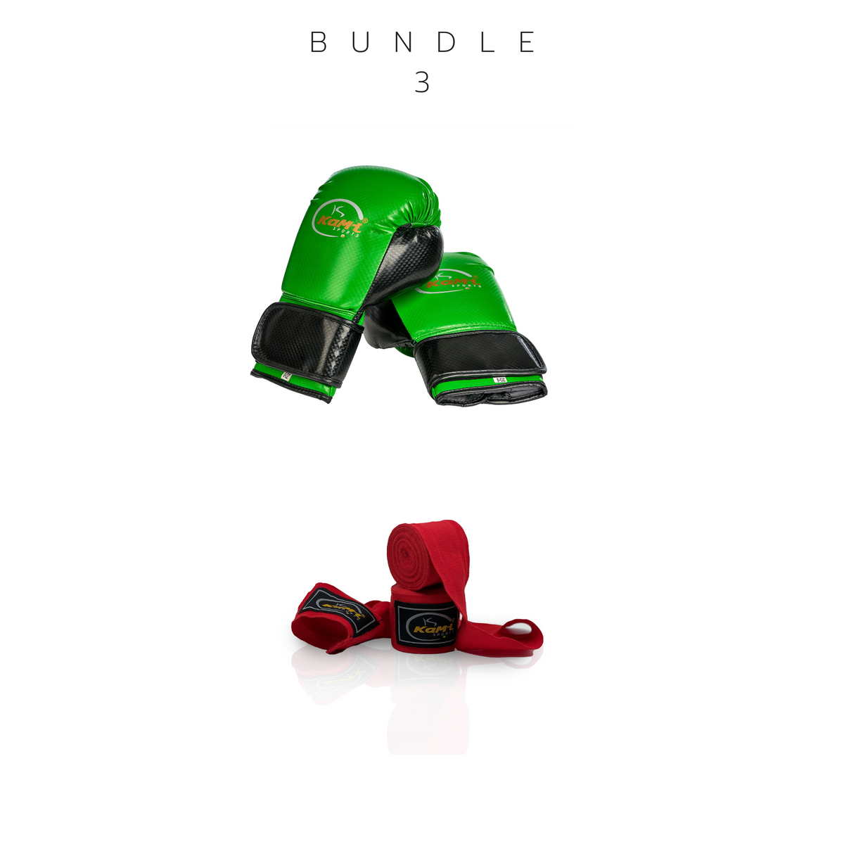 Frontansicht eines Sets mit grünen Kinder-Boxhandschuhen und roten Bandagen, ideal für junges Boxtraining.