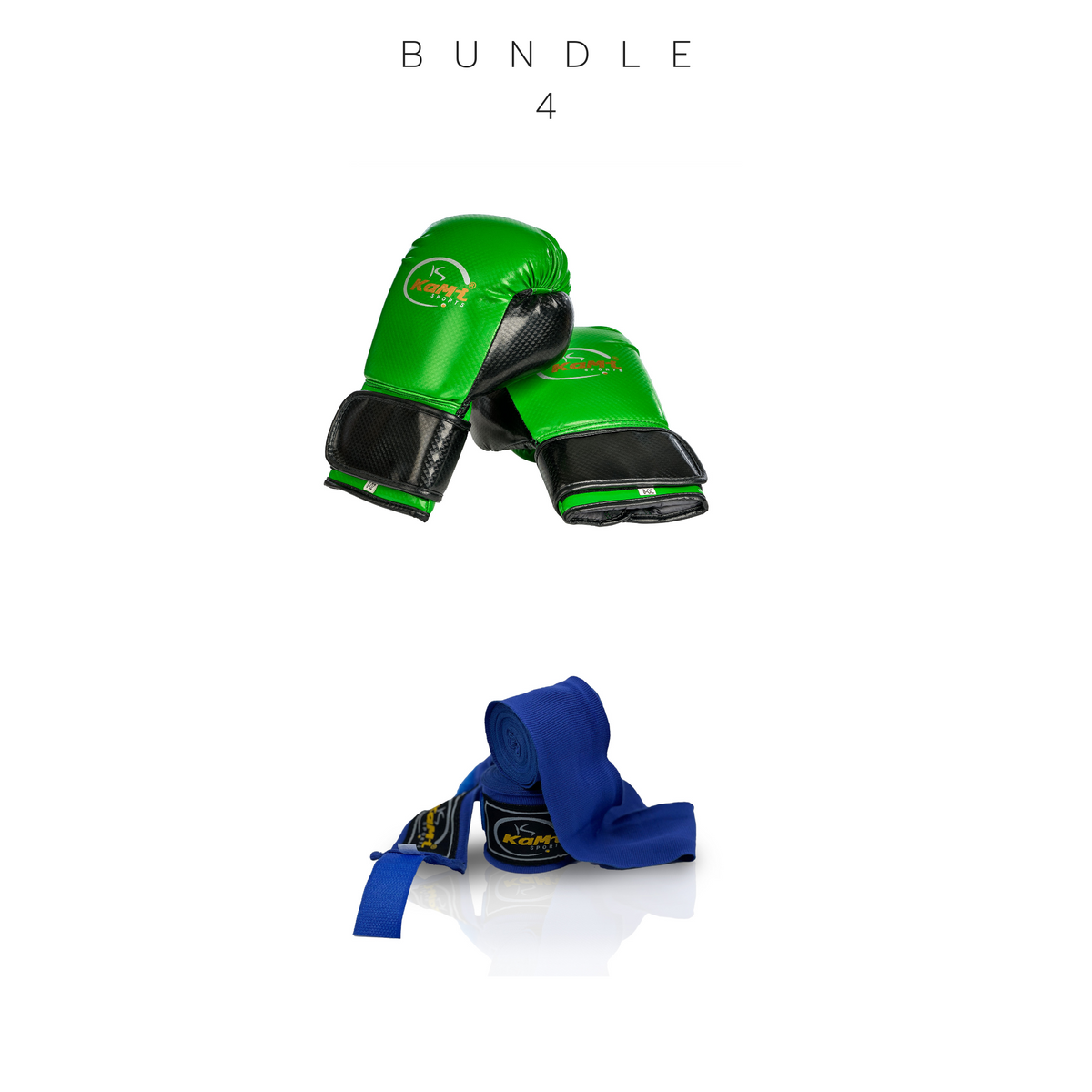 Frontansicht eines Sets mit grünen Kinder-Boxhandschuhen und blauen Bandagen, ideal für junges Boxtraining.