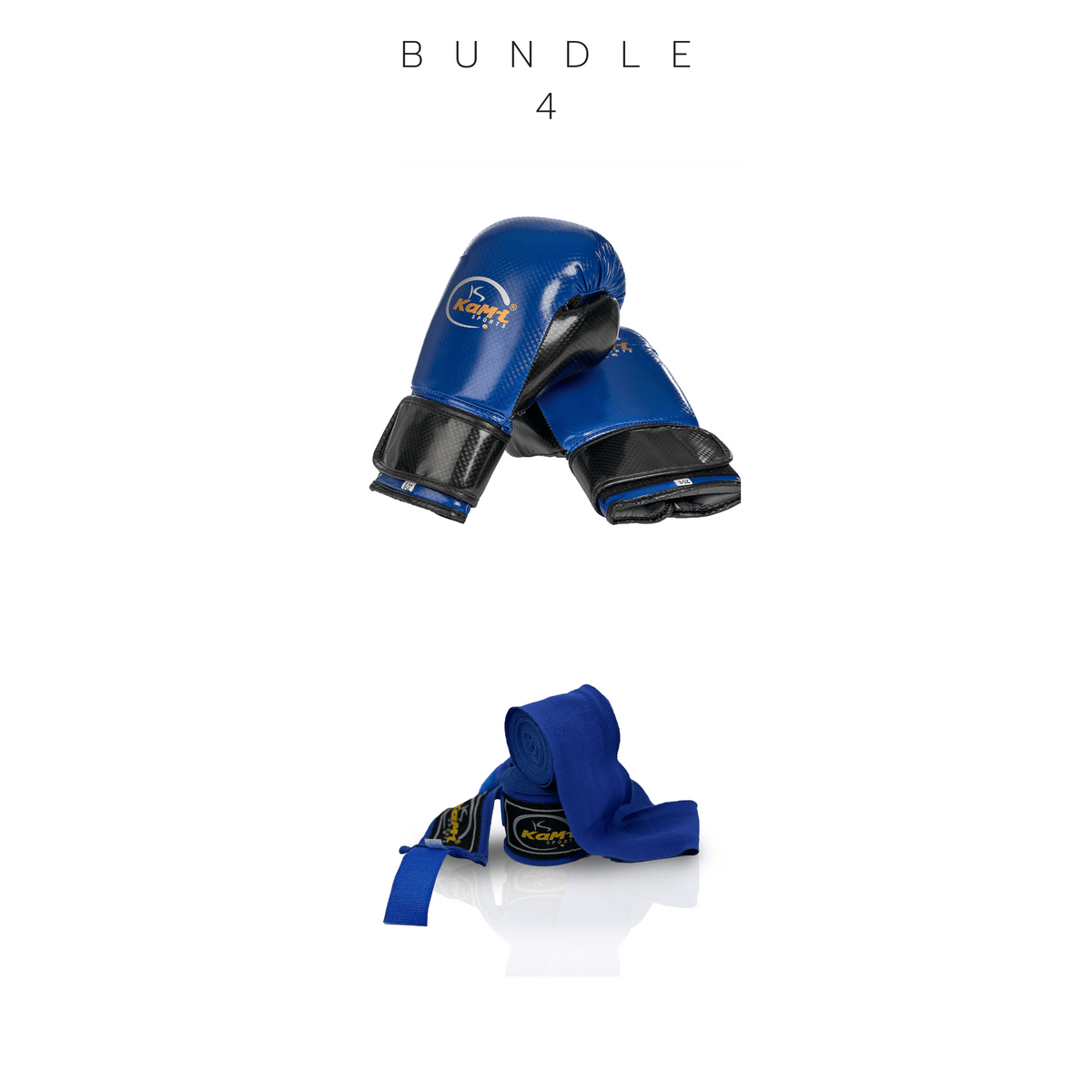 Frontansicht eines Sets mit blauen Kinder-Boxhandschuhen und blauen Bandagen, ideal für junges Boxtraining.