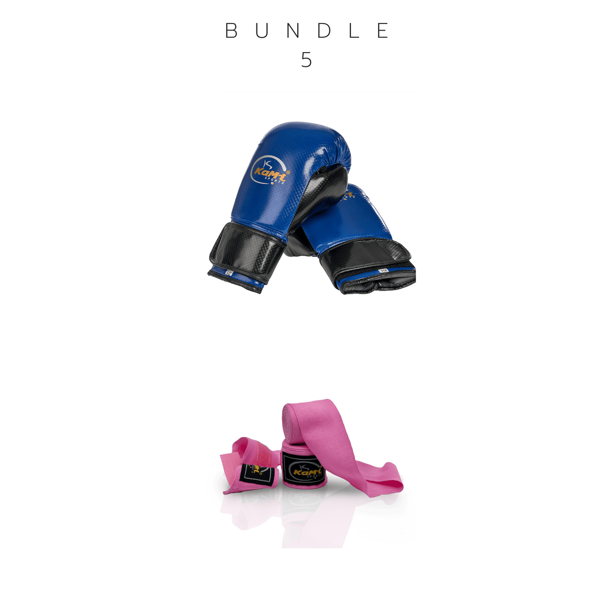 Frontansicht eines Sets mit blauen Kinder-Boxhandschuhen und pinken Bandagen, ideal für junges Boxtraining.