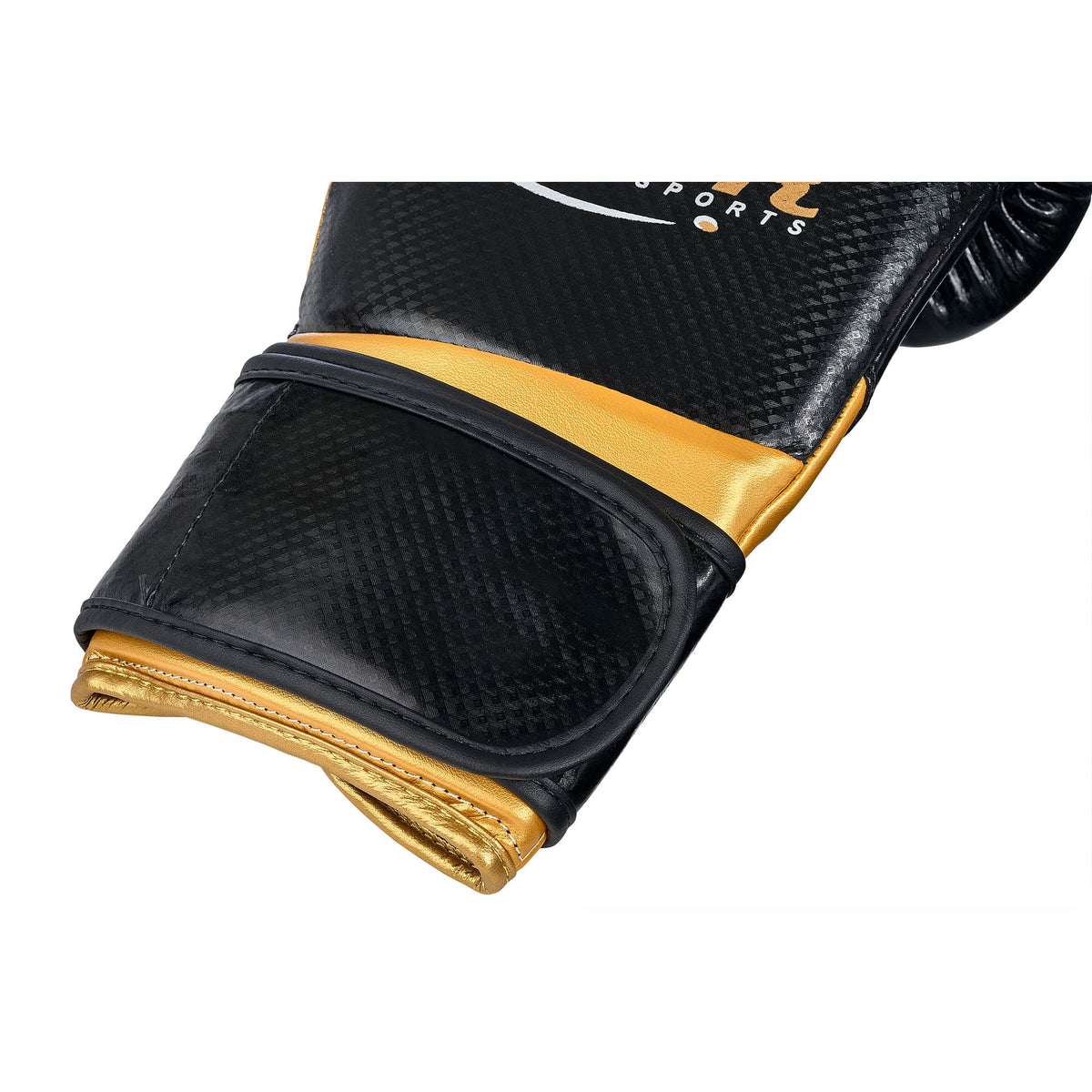 Außenperspektive des Klettverschlusses der schwarz goldenen Boxhandschuhe aus PU-Leder
